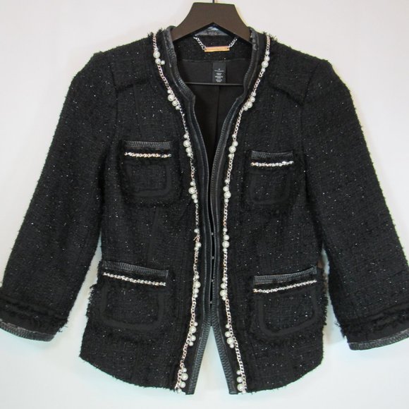 White House Black Market Jackets & Blazers - WHMB Boucle Black Jacket Chain Pearl Detail